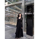 Autumn And Winter Famous Wind Pure Color V Collar Horn Sleeve Dress Woman With Coat A Long Dress