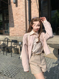 Vintage Round Collar Leather Jacket Woman 2026 Autumn New Korean Loose Leisure Short Pink Top Woman