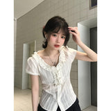French Retro Lotus Side Sweet Sister Shirt Women Summer Lace Slimming Short-Sleeved Shirt White Top