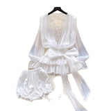 Fairy Atmosphere With A Sense Of Niche Bow Tie With Waist Lace Spliced Long-Sleeved Lotus Leaf-Side Mesh Dress Shorts