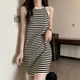 Design Knitted Vest Striped Dress Woman 2025 Summer New Body Hanging Neck Sling Skirt