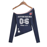 Personality Hottie Autumn New Printed Collared Shoulder Bumpy Long-Sleeved T-Shirt Collared Asymmetrical Collar