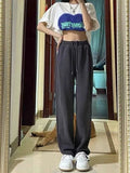 Autumn And Winter Sweatpants Dark Gray Plus Velvet Loose High-Waisted Rope Trousers Women's Ins Broad Leg Pants Slacks