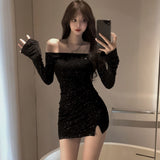 Pure Net Red Sexy Hot Girl Glitter Tight Bodybred Ass Small Black Dress Long Sleeve Open Wrinkles Dress Girl