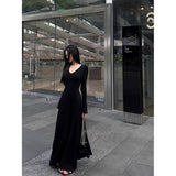 Autumn And Winter Famous Wind Pure Color V Collar Horn Sleeve Dress Woman With Coat A Long Dress
