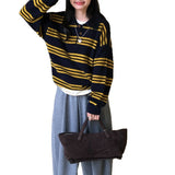KANING Retro Striped Polo Collar Knitted Shirt 2026 New Women's Collar Collar Hooded Sweater For Women
