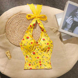 Vintage Hottie Sexy Broken Flower Hanging Neck Vest Women's Summer New Slim Slim Short Blouse