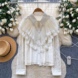 French Light Luxury Famous Heavy Industry Nails Beads To Spliced Long-Sleeved Lace Top Lady Autumn Body Bottom Shirt