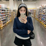 Snowflake Cotton Korean White Striped Fake Two Casual Long-Sleeved T-Shirts Folded V-Necked Women