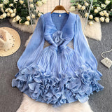 Net Red Niche High-Level Flow Light Tulle V-Neck Dress Female Heavy Industry Ponphysolious Three-Dimensional Lotus Leaf Side Skirt