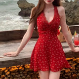 New Red Hanging Neck Broken Flower Dress Women Summer Seaside Holiday Senior Feel Shoulder-To-Shoulder A-Word Skirt