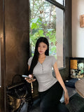 Ins Small Sexy Babes V-Neck Button Short-Sleeved T-Shirt Girl Xia Pure Desire To Practice Fashion Sister Bottom Top Woman T-Tide