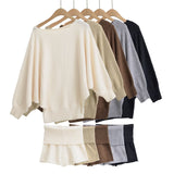 Autumn Maillard Wear Temperament Shoulder Sweater Oblique Shoulder Design Loose Knit Shirt Shorts Two Sets Of Women