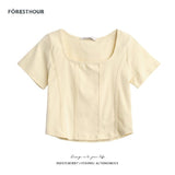 2026 Summer Design Sense Collar Short-Sleeved T-Shirt Women's Fish Bone Line T-Shirt Umbilly Umbilly Short Floral Blouse