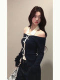 Pure Babes Spliced Bow Knitted Women's Autumn Design Slim Slimming Bottom Shirt Inside The Top