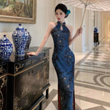New Chinese Style Elegant Retro Print Open Fork Improved Cheongsam Dress Open Sleeveless Plate Button Dress Woman