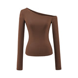 Solid Color Oblique Shoulder Shoulder-To-Shoulder Knitted Long-Sleeved Hottie Design Feel Bottom Blouse T-Shirt
