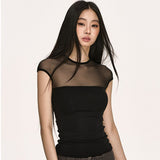Vintage Mesh Splicing Round-Neck Short-Sleeved T-Shirt Girl Summer New Hot Girl Style Slimming Top