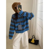 KANING Korean Striped Double Zipper Knitted Cardigan 2026 Autumn New Women's Short Round-Neck Sweater Jacket