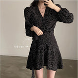 French Wave Point V-Neck Long-Sleeved Dress Women's One-Sided Belt Spring And Autumn Suit Wearing A Small Short Skirt