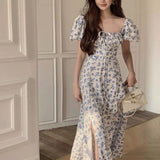 Blue Floral Dress Women's New Long Open Fork Dress Temperament Design Tea Break French Dress