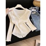 3.16/Spring New XUAN XIAO JIE Wooden Ear Lace V-Neck Soft-Creined Knitted Cardigan