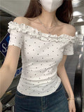 Sexy Pure Desire A Word Shoulder Collared Ears In The Ear Of The Wave Point Short-Sleeved T-Shirt Girl Summer Hottie Cut-Down Top Girl T