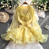 French Gentle Wind Lotus Leaf Side V-Neck Dress Woman 2025 New Summer Slimming Temperament Princess Dress