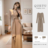 French V-Neck Kinky Temperament Thin Bottom Bag Skirt With Long Sleeve Irregular Waist Tender Dress