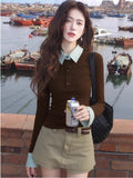 Vintage Lattice Splicing Fake Two-Piece Bottomed Shirt Women In The Spring And Autumn Wearing A Design Polo Collar Top