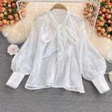 French New Super Fairy Loose Belly Bow Tie With French Shirt Long-Sleeved Temperament Top Woman