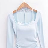 Pure Lust Sweet Wind With Chest Pads Two Long Sleeve Bottom T-Shirt Hanging Neck Folds To The Waist Sexy Niche