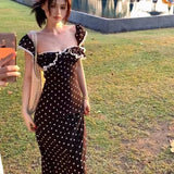 Summer Pure Want To Collect Waist Thin Lace Splicing Low Collar Lotus Black Wave Dot Long Dress Woman