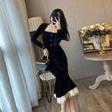 French Collar Black Fishtail Dress Women Winter Retro Velvet Bag Hip Dress Temperament Long Dress