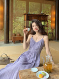 French Retro White Purple Sling Dress Women's Summer New High-End Feeling Waist Show Body Long Skirt
