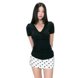 Summer Oat Color V-Neck Pure Want To Show Thin T-Shirt Girl New Slim Waist Short Sleeve Kinetic Design Sense