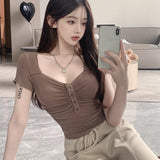 Pure Hot Girl Exposed Chest V-Neck Short-Sleeved T-Shirt Girls Summer Niche Design Sexy Tight Thread Elastic Short Top