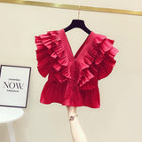 French Retro Fragrant Windy Leaves Edge V-Neck Shirt Women's Short-Sleeved Summer High-Waist Short Small Red Top