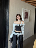 French Sweet Storm Point Tops A Word Shoulder Long-Sleeved Shirt Women's Autumn Chic To Receive Waist-Down Short Shirt