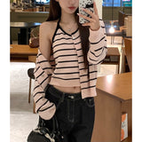 LEKA Pink Striped Knitted Cardigan Two Sets Of Autumn 2026 New Sling With Slings Unique Knitting Top