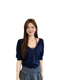 [Original Human Cotton 260G] Quality Short-Sleeved V-Neck Collar T-Shirt Two Sets Of Female Striped Slings Hooded Shirt