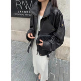 Haining New Leather Locomotive Jacket Loose Leather Jacket 2026 Autumn New Stumbling Double Collar Short Coat Woman