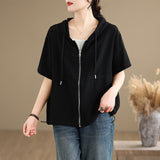Real Shooting Summer New Hooded Solid Color Casual Pocket Shirt Zipper Small Jacket Under The Sleepe Rope Top
