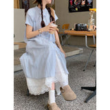 Blue Striped Short-Sleeved Shirt Dress Women's Summer 2025 New Korean Loose Long Folded Two-Piece