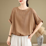 2026 Summer New Cotton Literature Retro Loose Round-Neck Chinese Style Tea Shirt Blouse