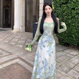 Pure Lust Lace Stitching Print Sling Dress Women's Summer French Temperament Holiday Dress Opener Two Sets