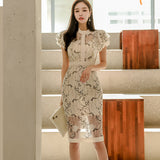 Summer Dress New Korean Version Of OL Temperament Splicing Lotus Leaf Sleeve Fashion Lace Bag Dress