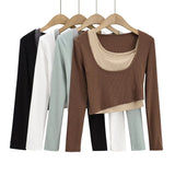 INS Spring/Autumn Irregular Colleal Slammed Two-Sleeved Set Of Women's U-Neck Solid Colored Long Sleeved T-Shirt