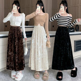 Autumn And Winter New Golden Velvet Dye Tight Waist Half-Dress Woman Retro Style High-End Thin Color Long Dress