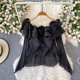 Super Good-Looking Sweet Age-Bearing Leaf Side Three-Dimensional Flower Shoulder Shirt Female Niche Fairy Irregular Shirt Winter